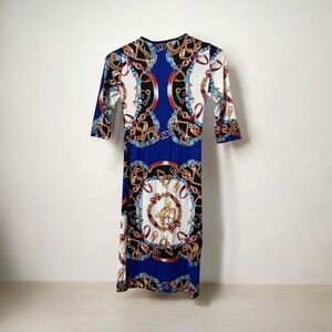 Chic Chain Pattern Midi Dress in Blue and White